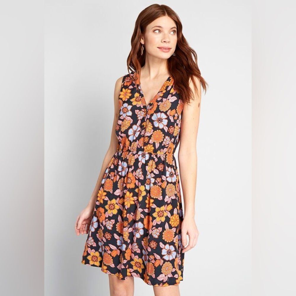 Floral Sleeveless Dress - Black and Orange